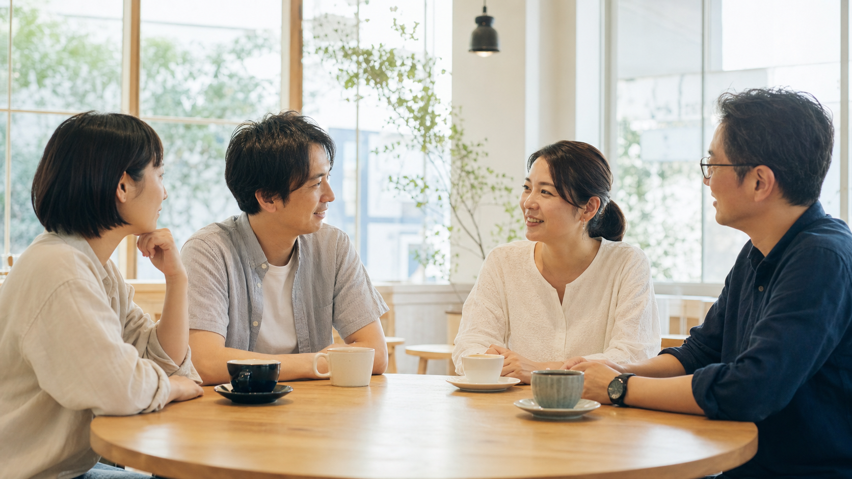 明るいカフェで飲み物を囲み、自然に話している4人
